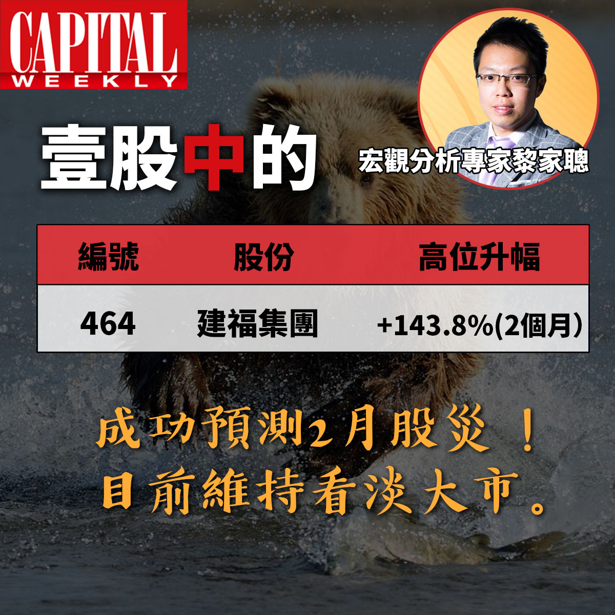 壹股中的】黎家聰早前成功預測二月股災最新觀點維持看淡大市